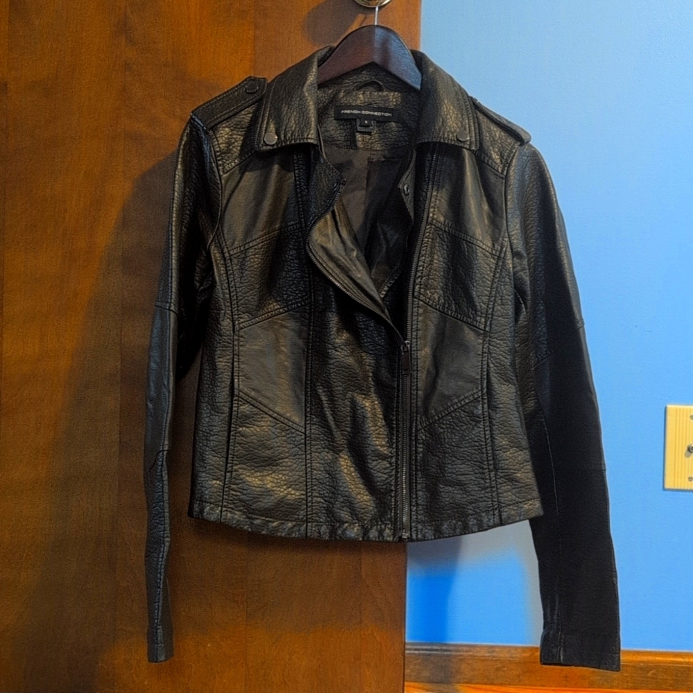 FRENCH CONNECTION vegan leather moto coat